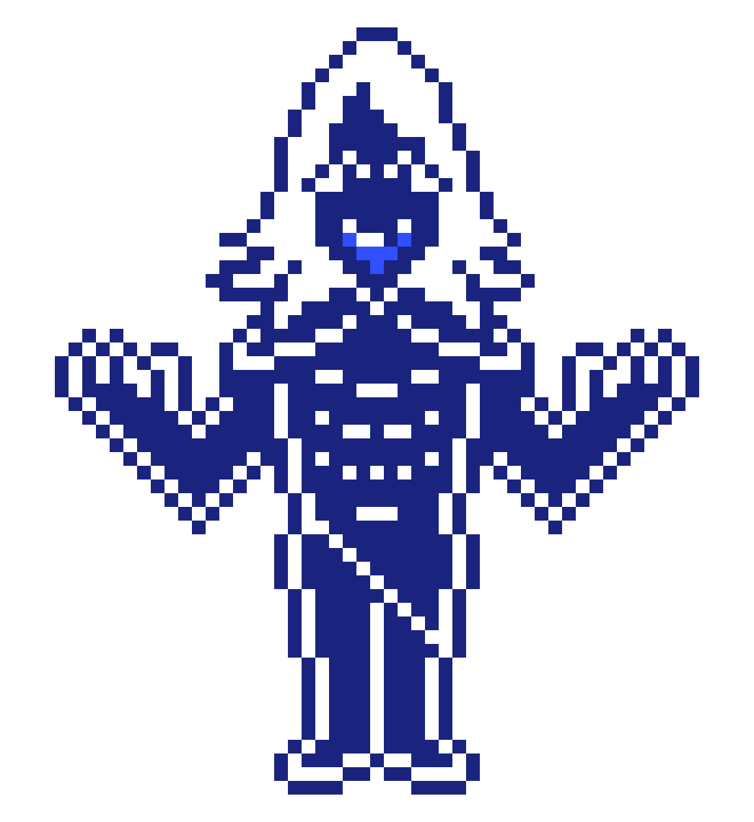 The default overworld sprite of Rouxls Kaard from Deltarune, a blue humanoid figure with white hair and wide shoulders. He smiles goopily, I think.