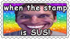 deviantart stamp with edited picture of jerma smiling that reads 'when the stamp is sus'